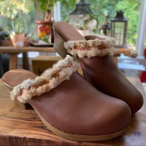 Italian Shoemakers Leather Clogs with Lambs Wool Trim